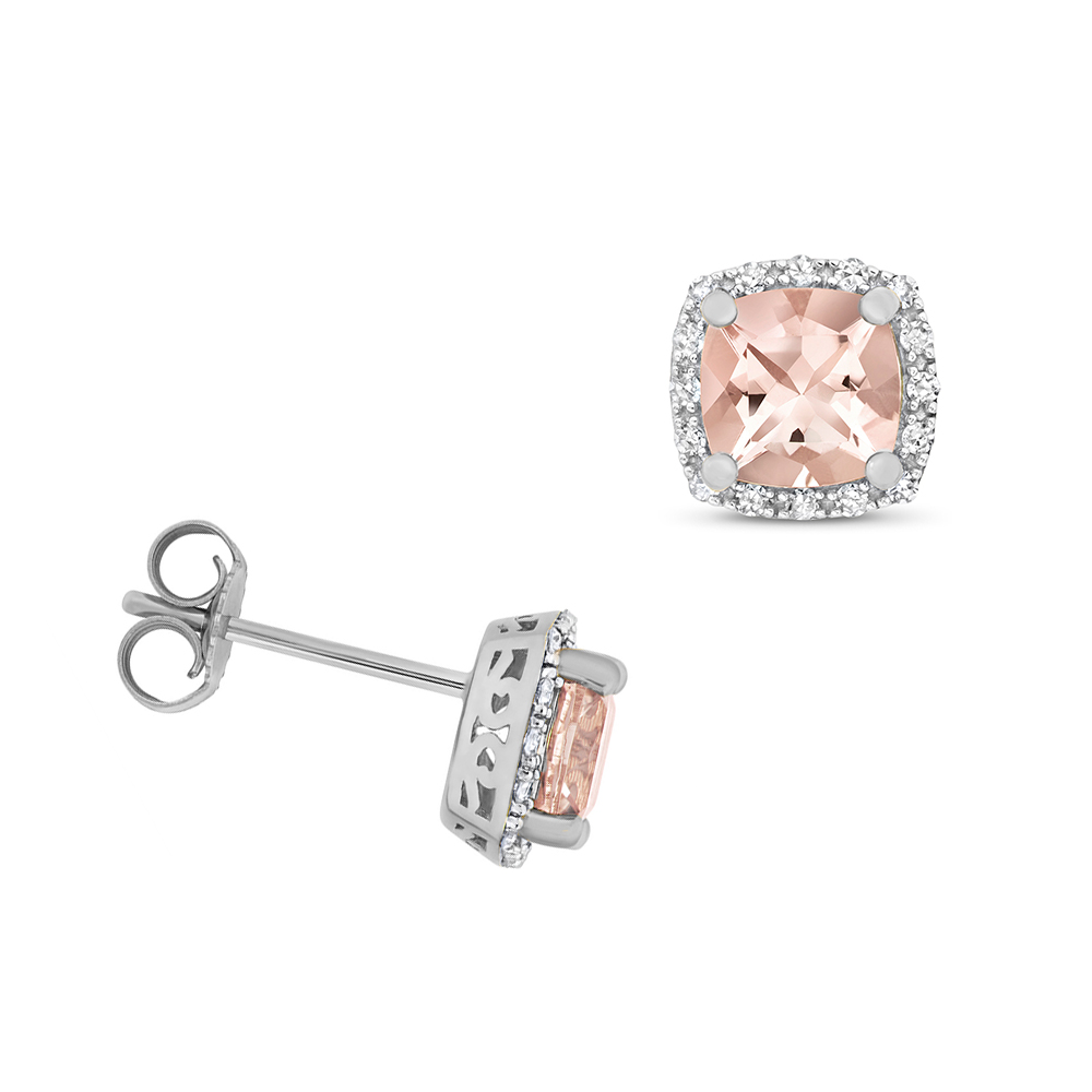 Cushion Shape Halo Diamond And 6.0Mm Morganite Gemstone Earrings