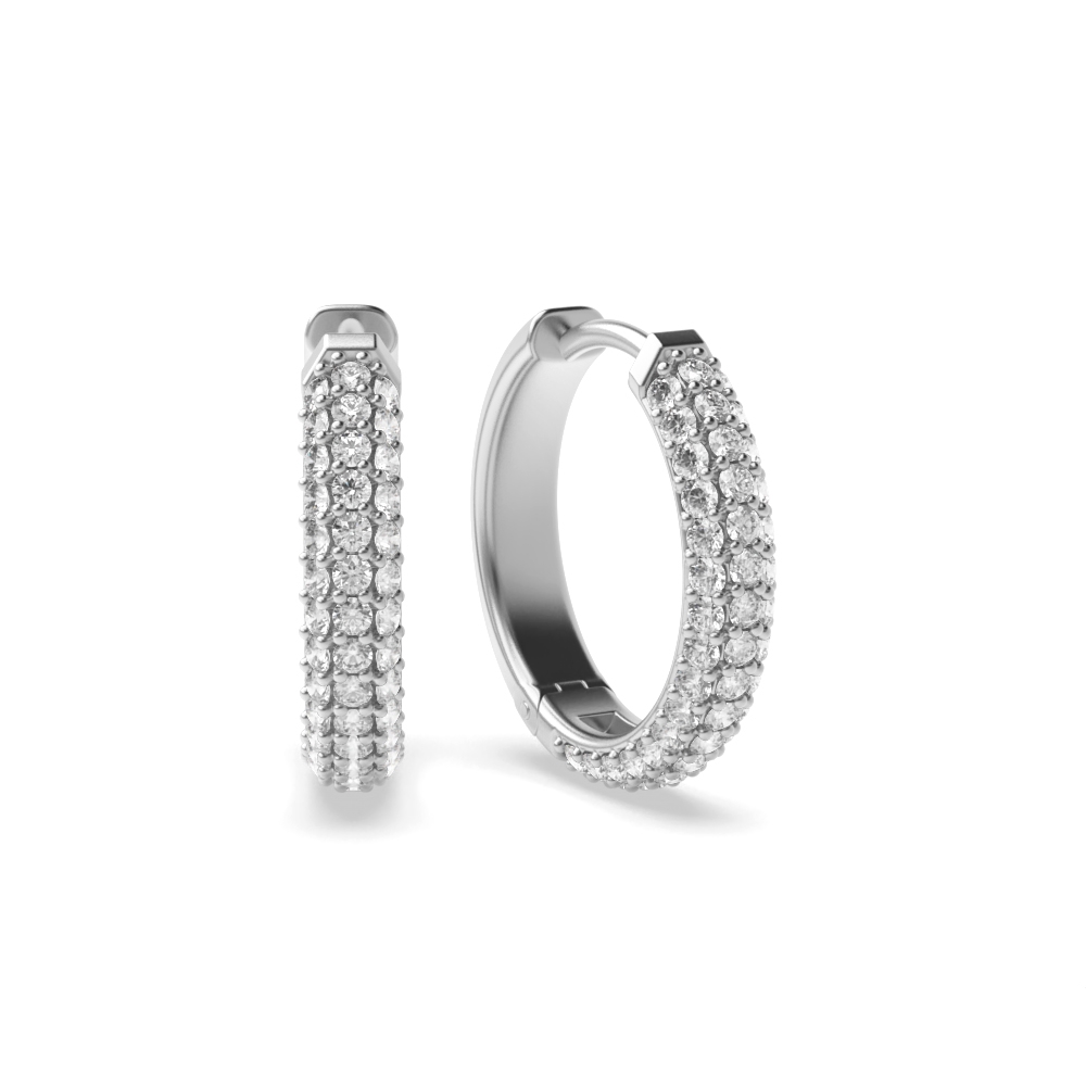 Pave Setting Three Row Round Diamond Huggies Hoop Earrings (14.50mm)