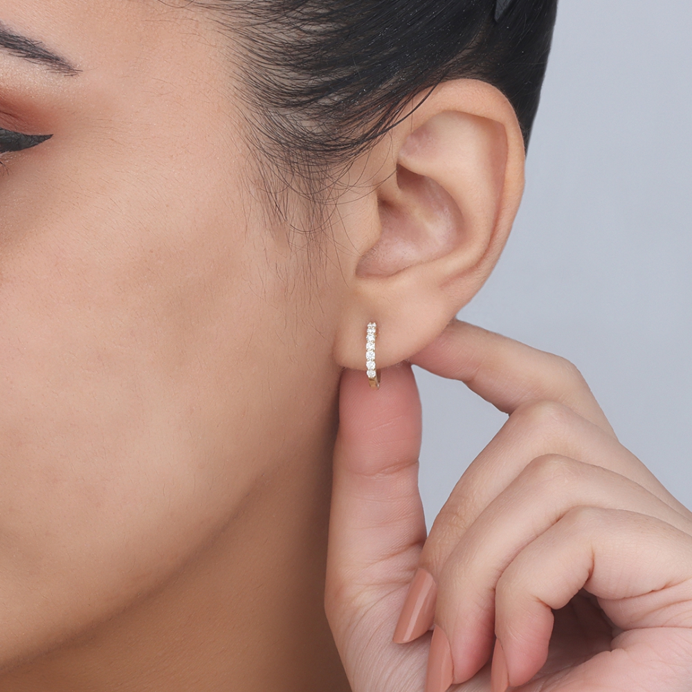Pave Setting Round Yellow Gold Hoop Earrings
