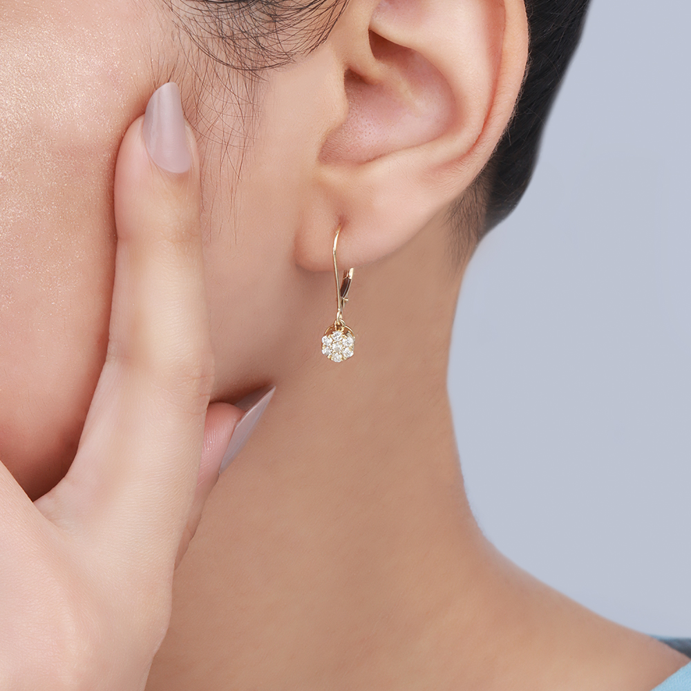 Pave Setting Round Yellow Gold Drop Earrings