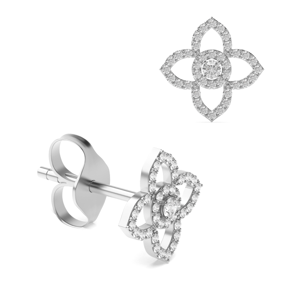Pave Setting Round Shape Flower Pattern Designer Diamond Stud Earrings (14.60mm)