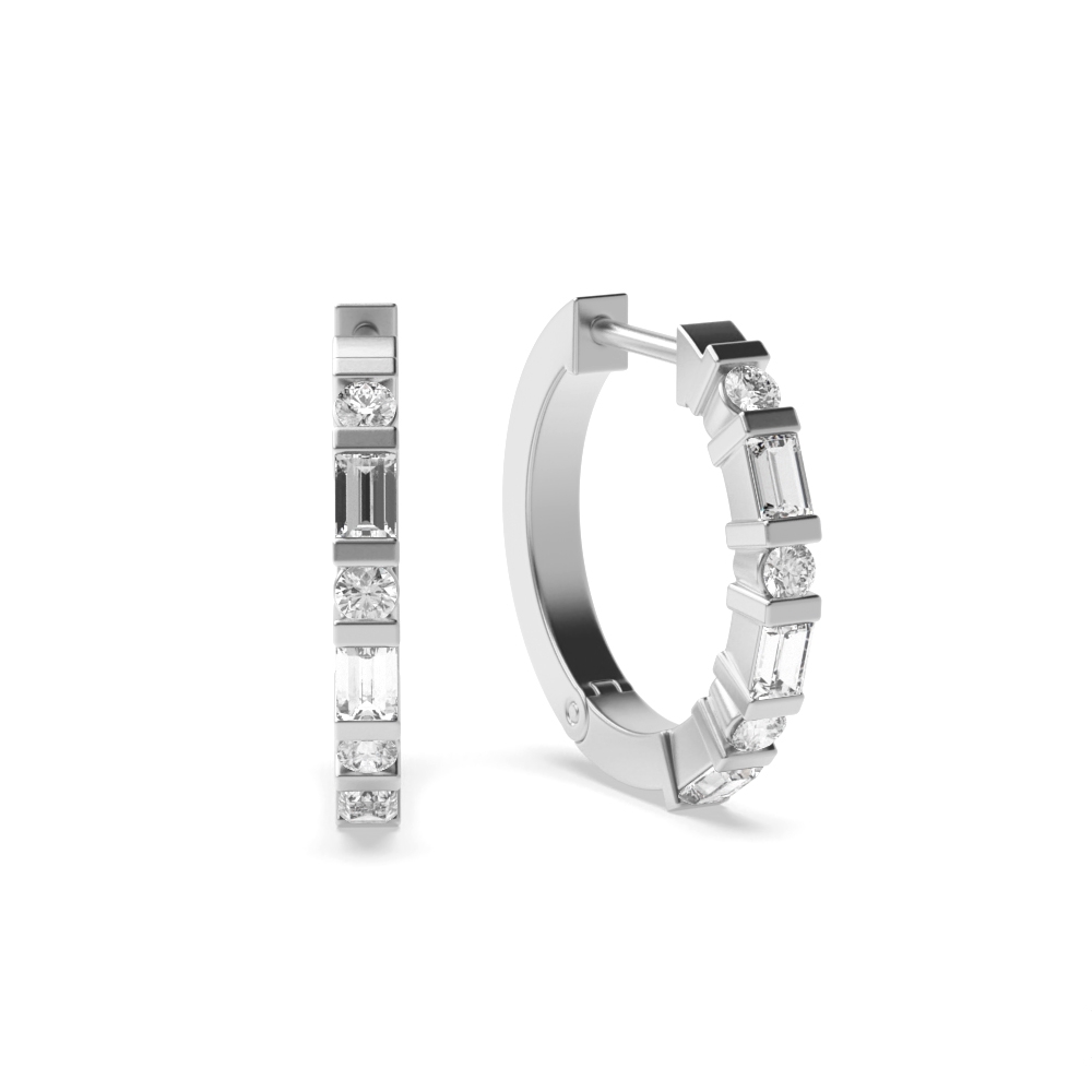 Bar Setting Round and Baguette Diamond Hoop Earrings for Women (12.40mm X 13.20mm)