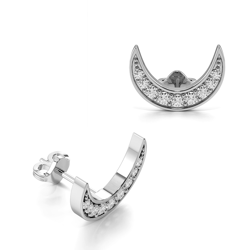 Pave Setting Round Shape Crescent Moon Diamond Designer Earrings  (6.30mm X 9.20mm)