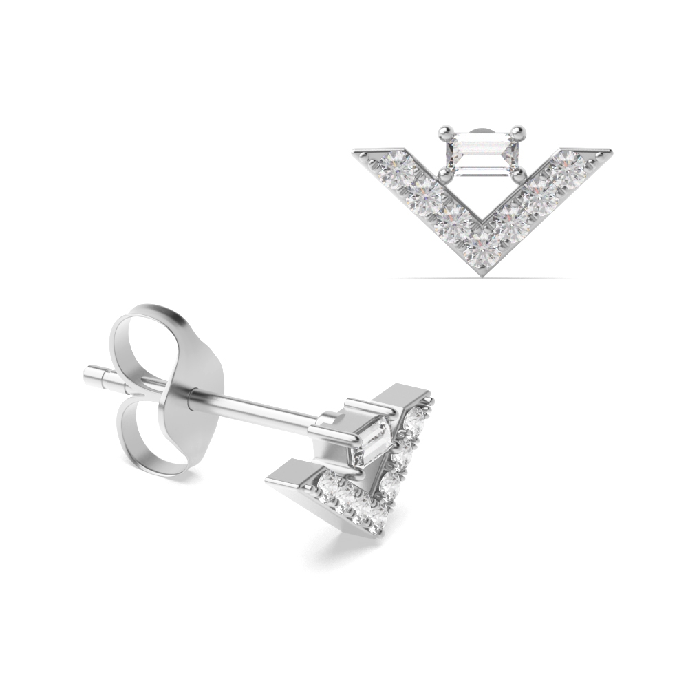 4 Prongs Baguette & V Shape Designer Diamond Stud Earrings (5.50mm X 8.20mm)