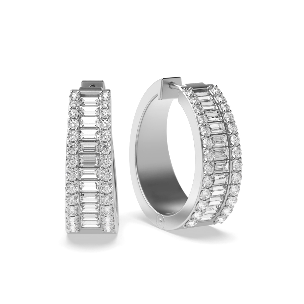 Prong Setting Round and Baguette Shape Wide Diamond Hoop Earrings  (19.0mm X 20.0mm)
