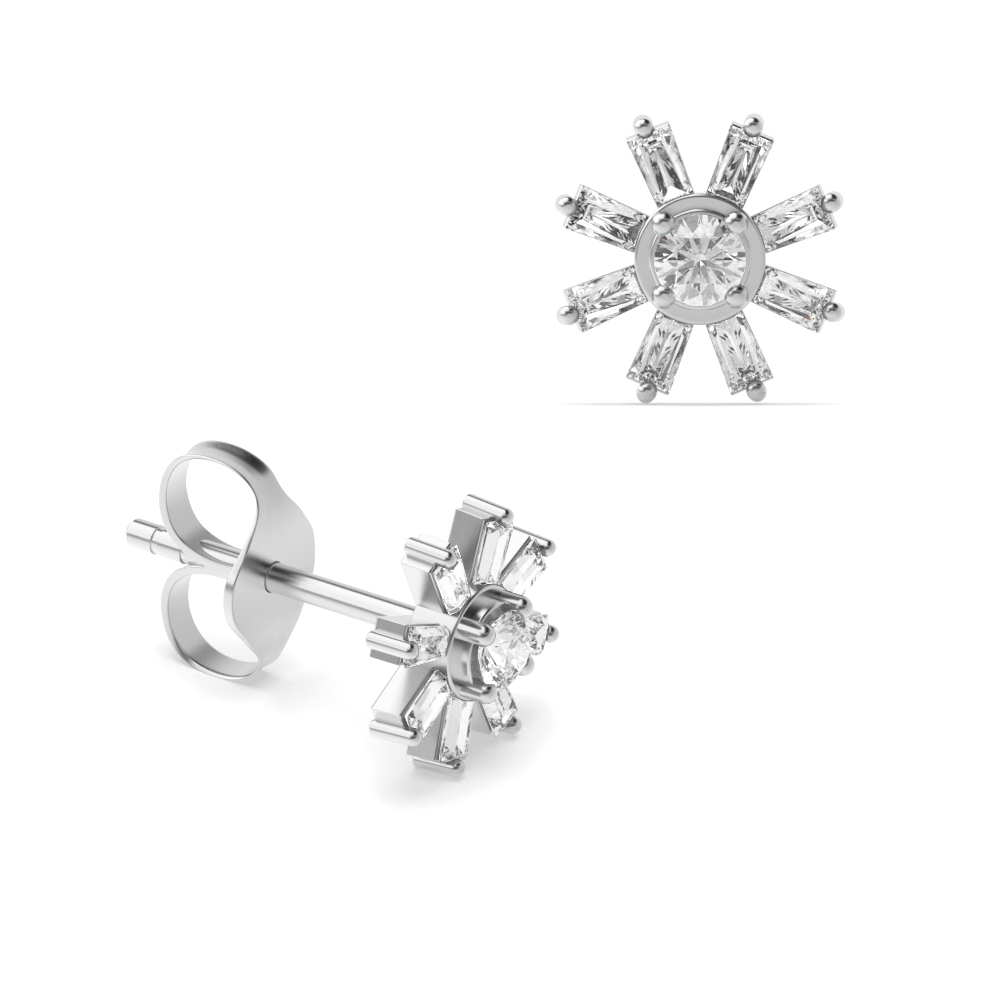 4 Prongs Baguette Shape Flower Designer Diamond Stud Earrings (7.50mm)