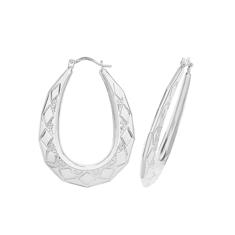 plain metal oval shape engraved design hoop earring