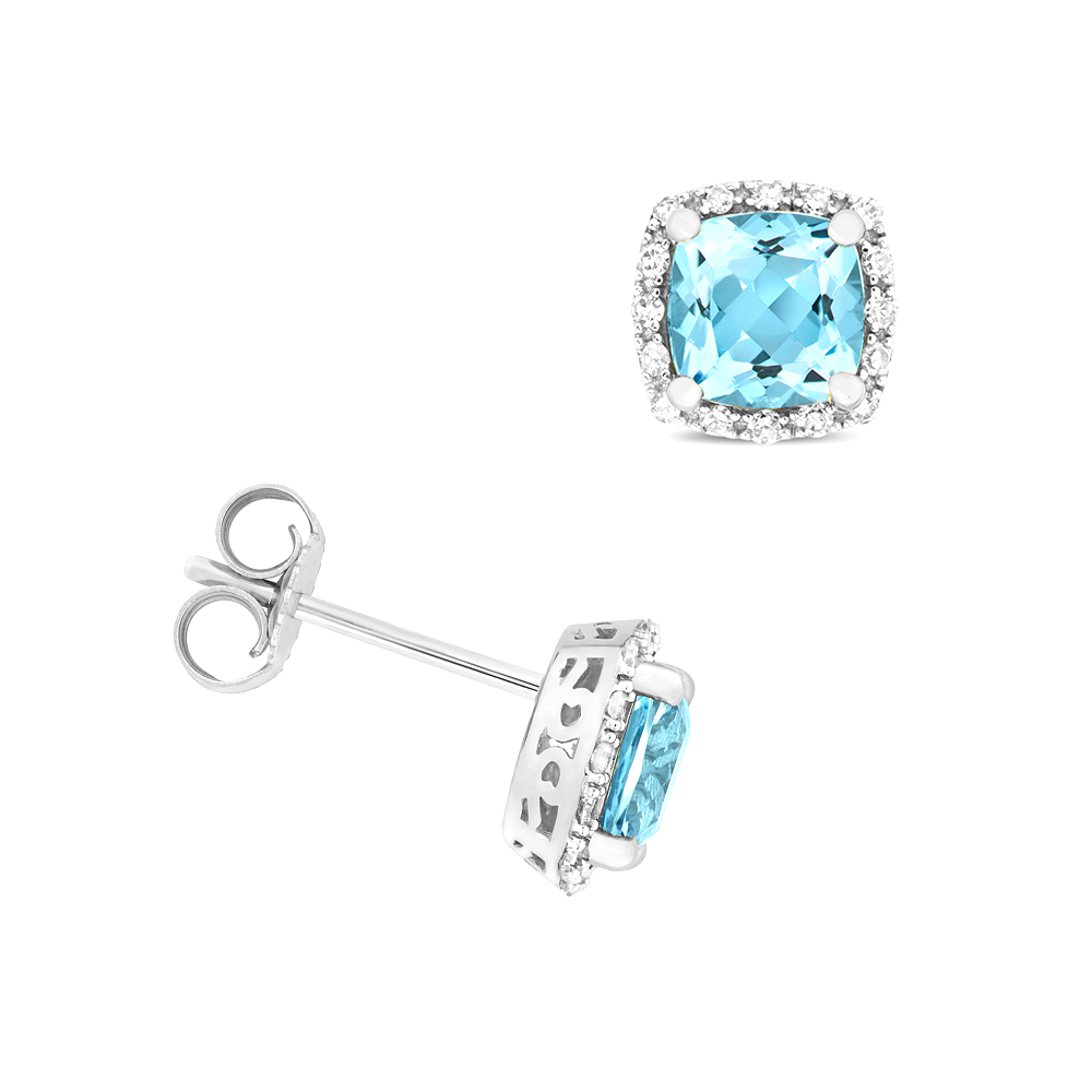 prong setting cushion shape blue topaz gemstone and side stone earring