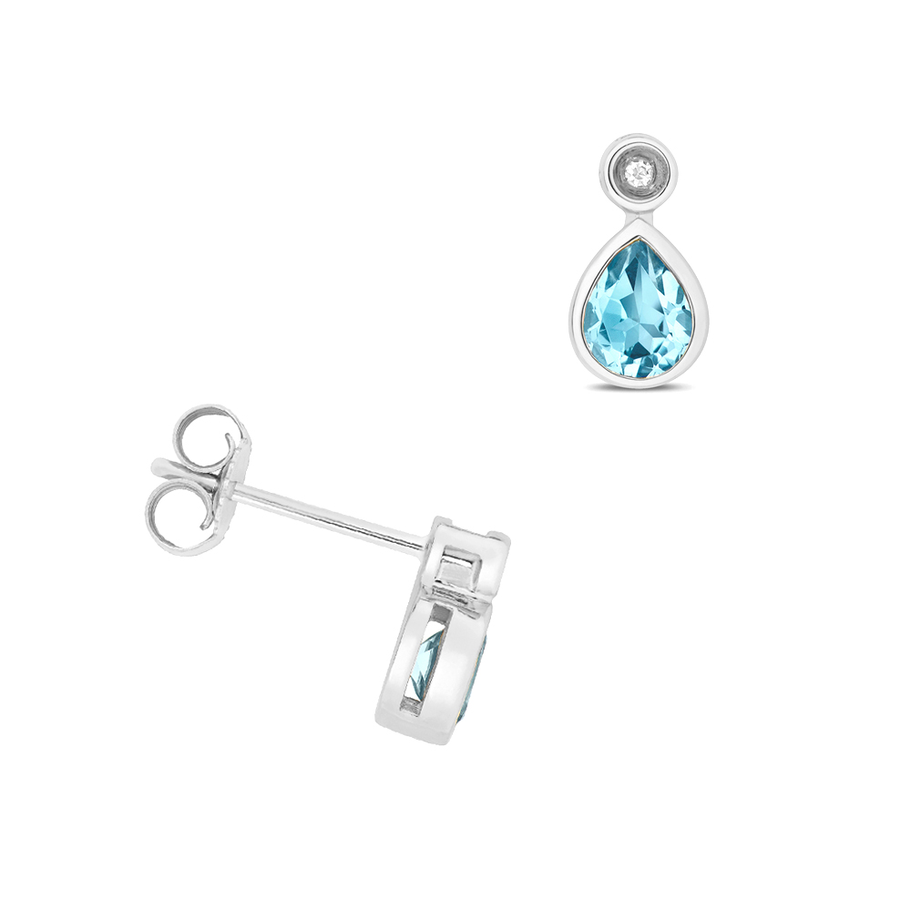 bezel setting pear shape blue topaz gemstone and side stone earring