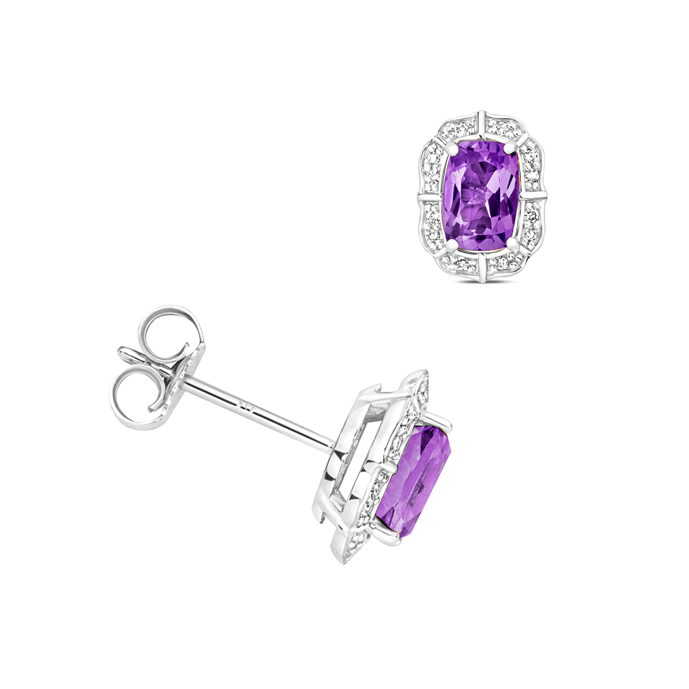 4 prong setting cushion shape amethyst gemstone and side stone earring