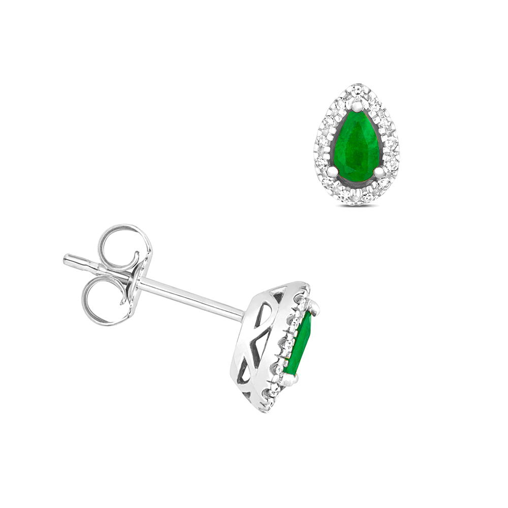3 prong setting pear shape emerald gemstone and side stone earring