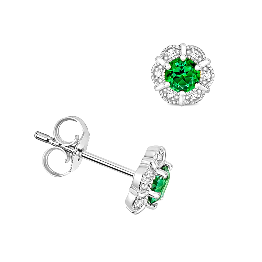 prong setting round shape emerald gemstone and side stone earring