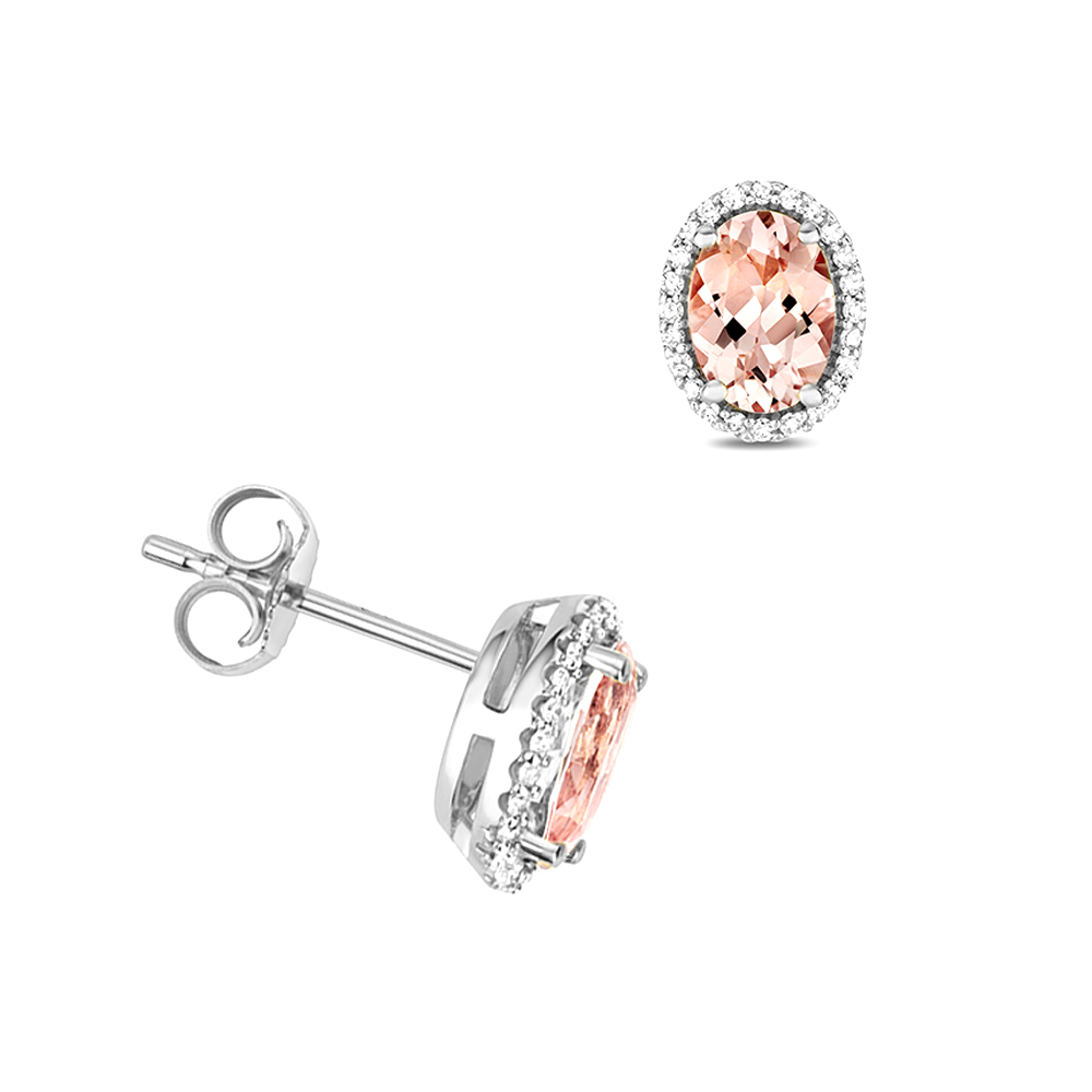 Prong Setting Oval Shape Morganite And Side Stone Stud Earring