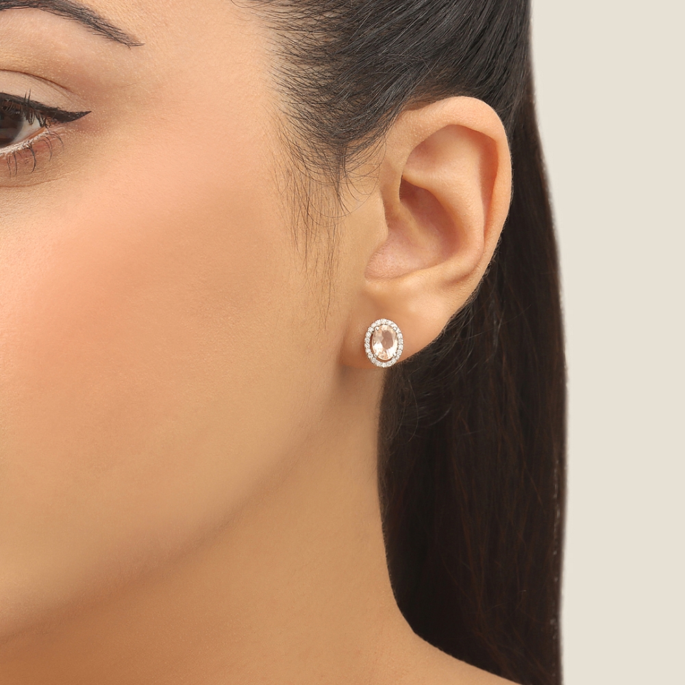 4 Prong Oval Rose Gold 8X6mm Halo diamond and Diamond Earrings