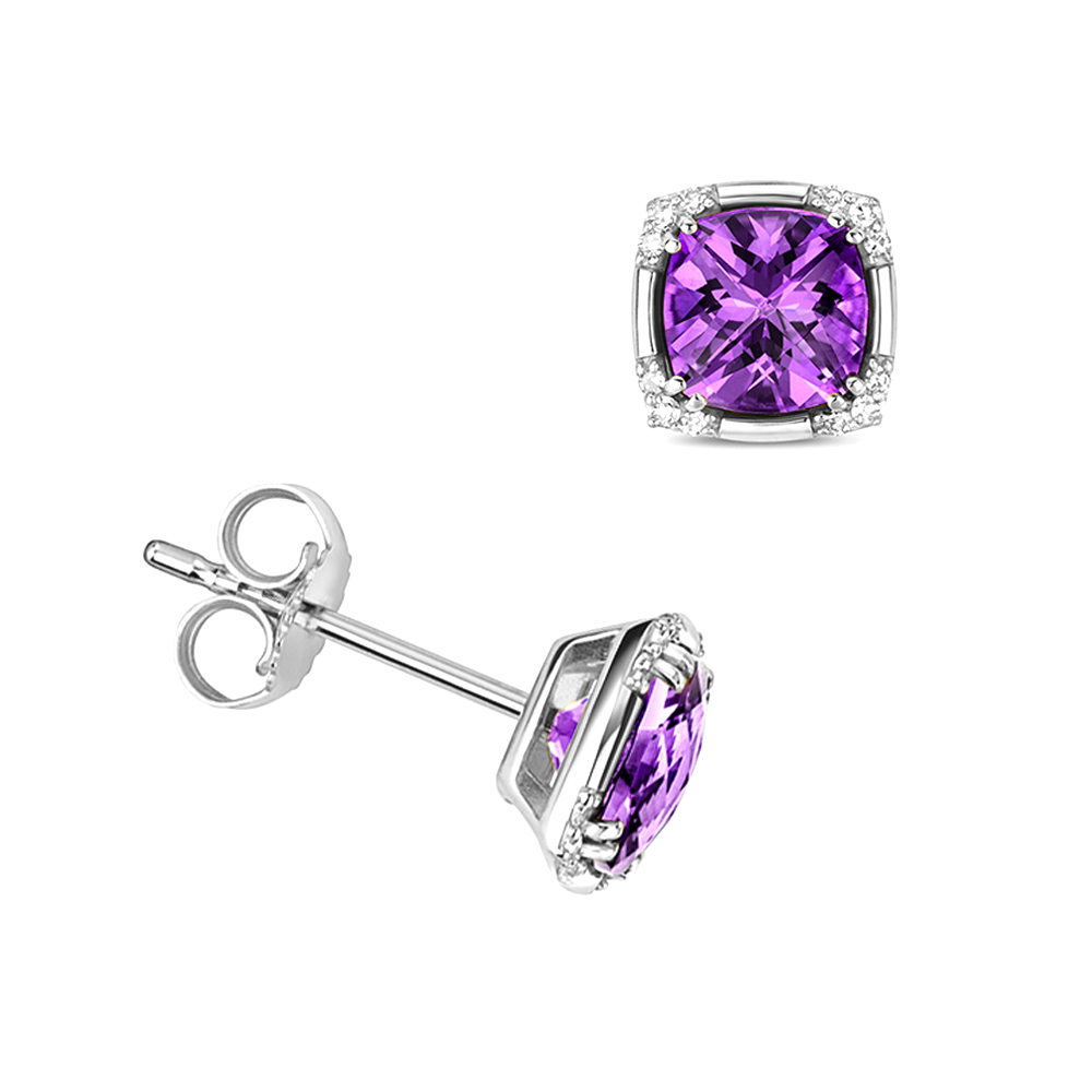 cushion shape amethyst gemstone and side stone earring