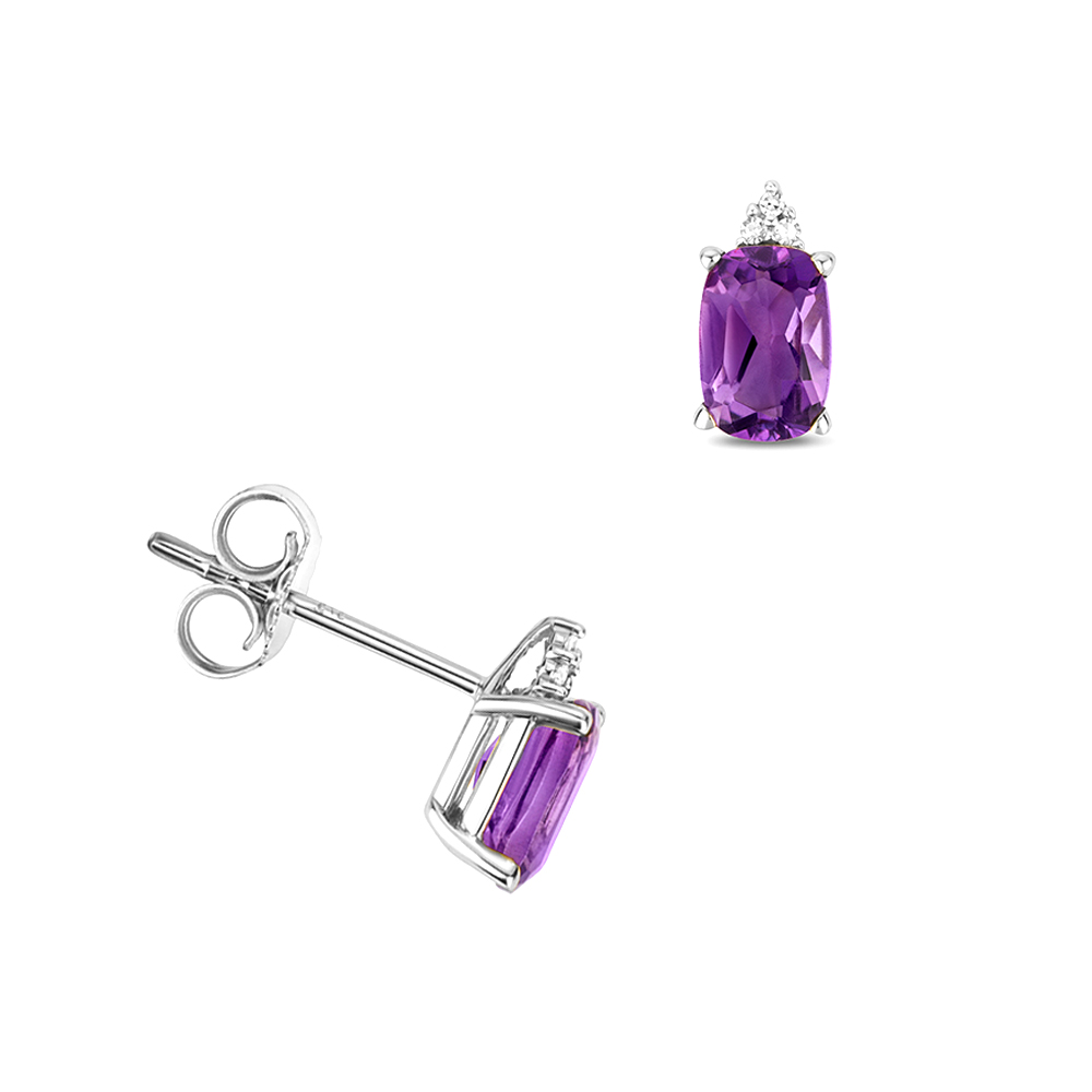 prong setting cushion shape vintage amethyst gemstone and side stone earring