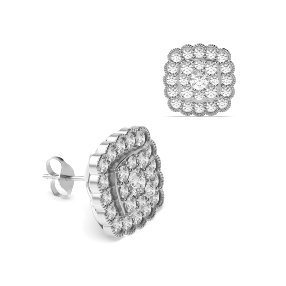 4 Prong Setting Round Shape Diamond Square Style Cluster Earring