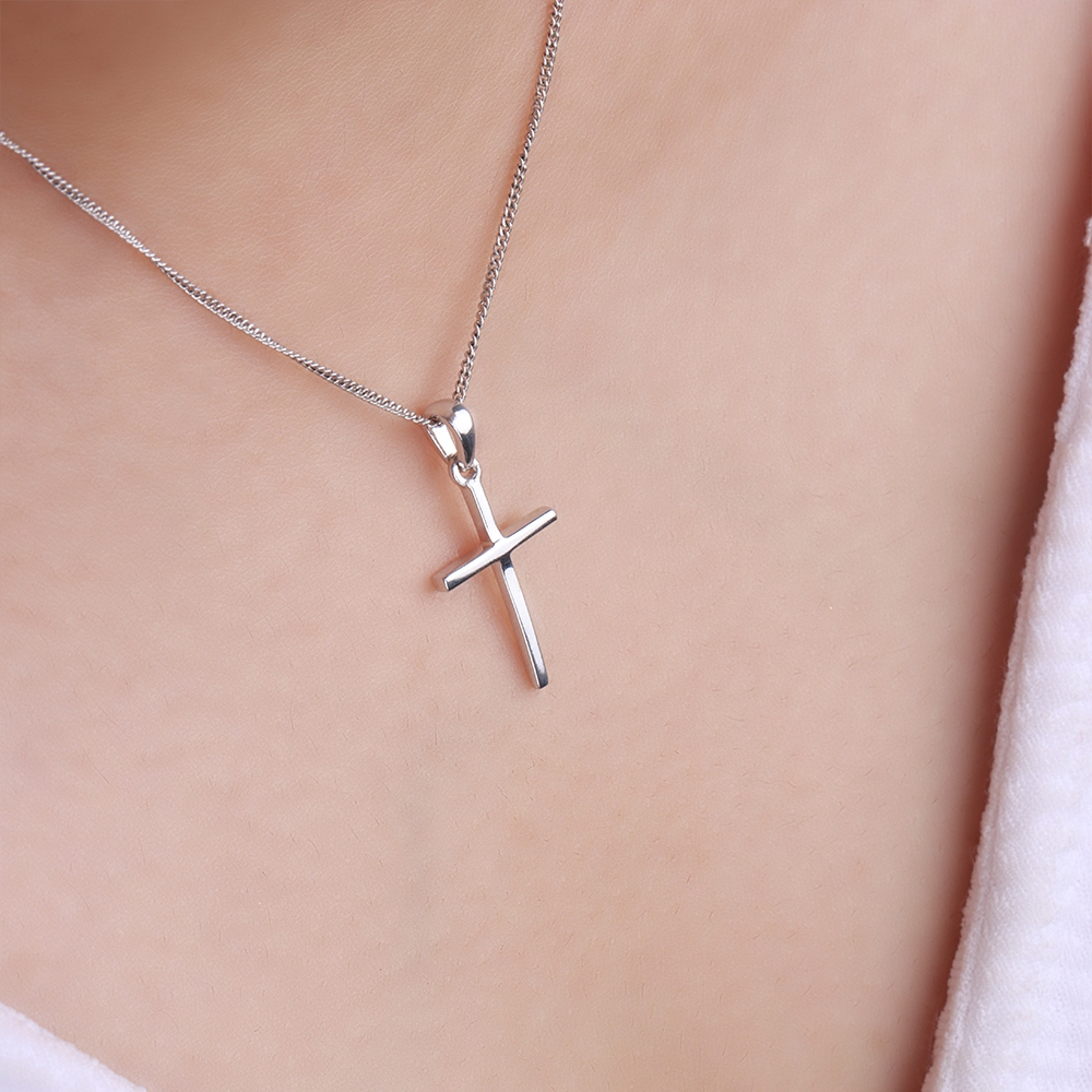 Yellow Gold plain classic Cross Pendant Necklace