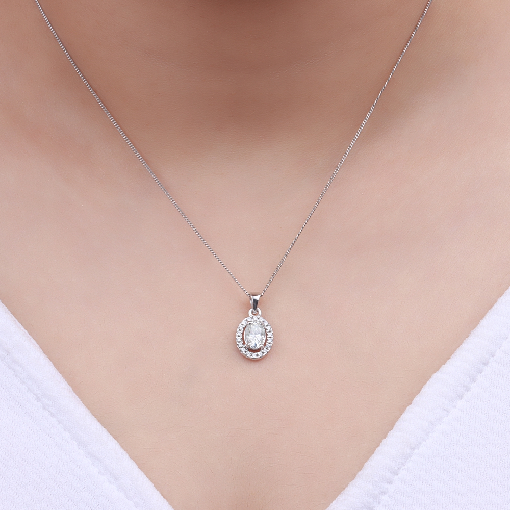 4 Prong Oval PathCharm Moissanite Halo Pendant Necklace