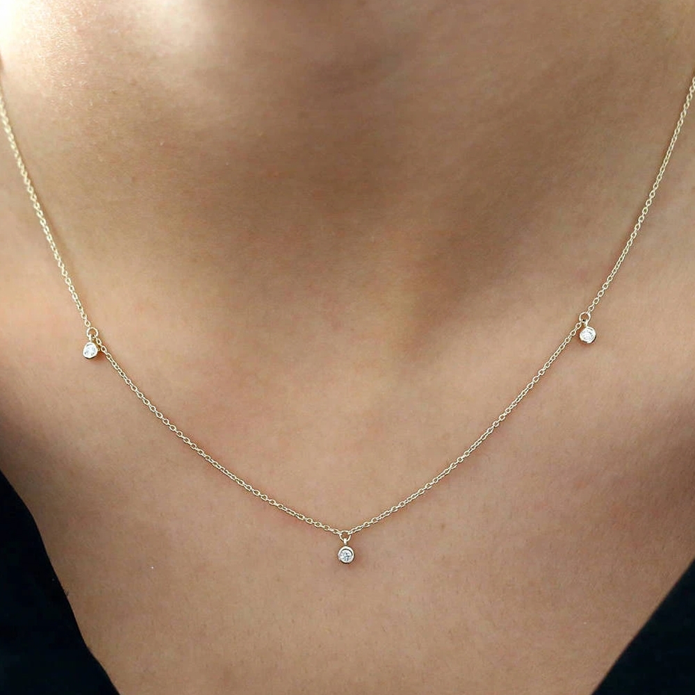 Pave Setting Round Yellow Gold 3 stone Pendant Necklaces