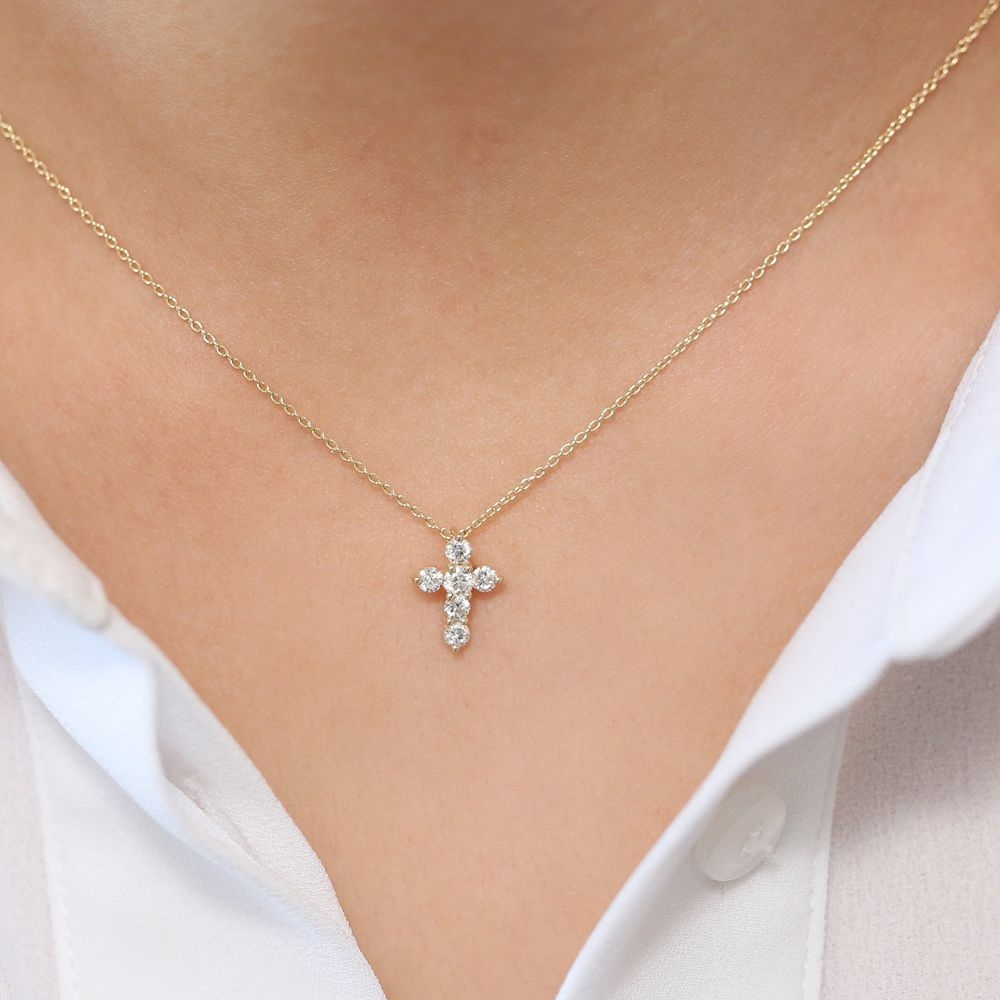 Pave Setting Round Cross Lab Grown Diamond Pendant Necklaces