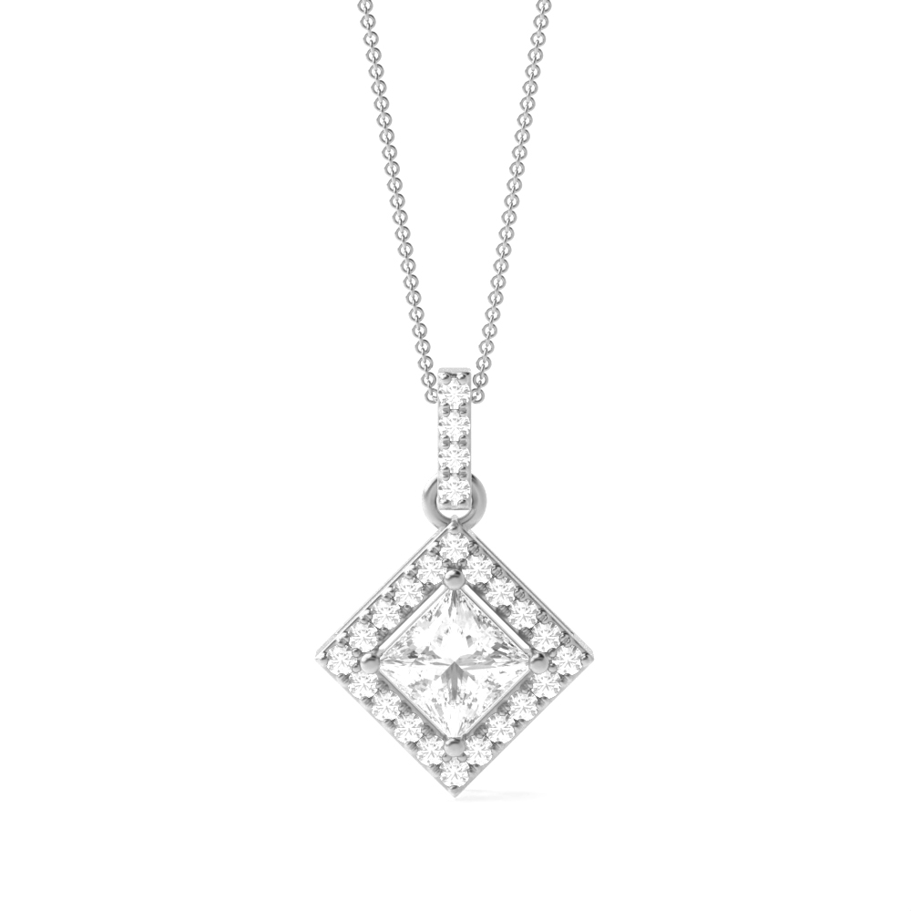 N-W-E-S Dangling Princess Shape Halo Diamond Pendant Necklace