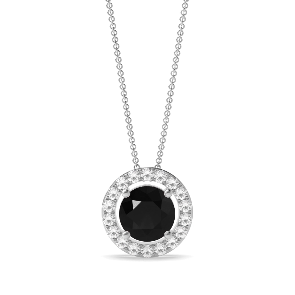 Halo Style Black Diamond Solitaire Pendants Necklace in Round Cut 