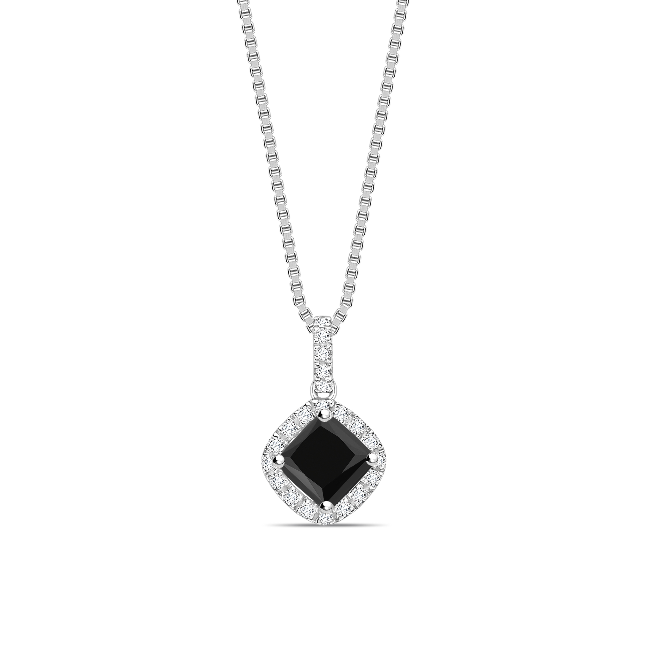 Smooth Corner Princess Cut Halo Black Diamond Solitaire Pendants Necklace