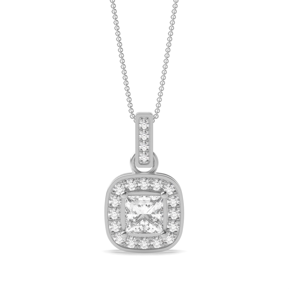 Pave Set Princess Shape Halo Diamond Necklace