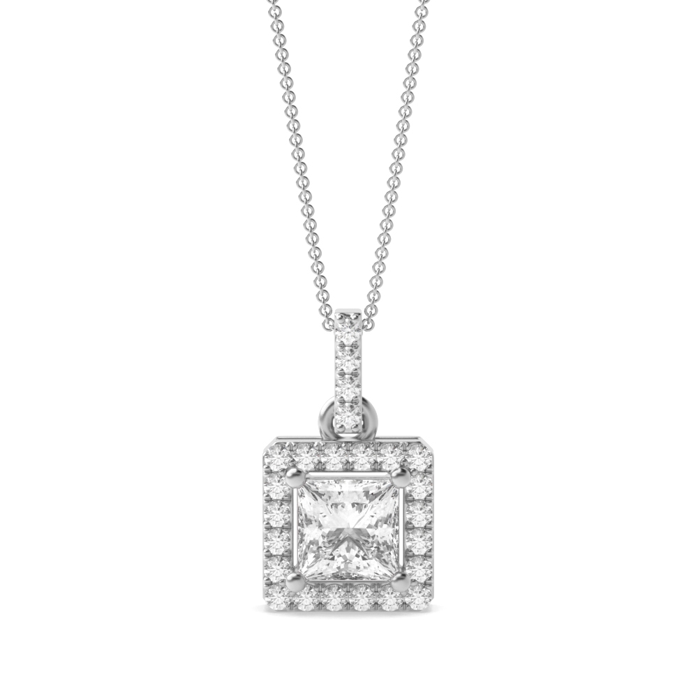 Classic Dangling Princess Shape Halo Diamond Pendant Necklace