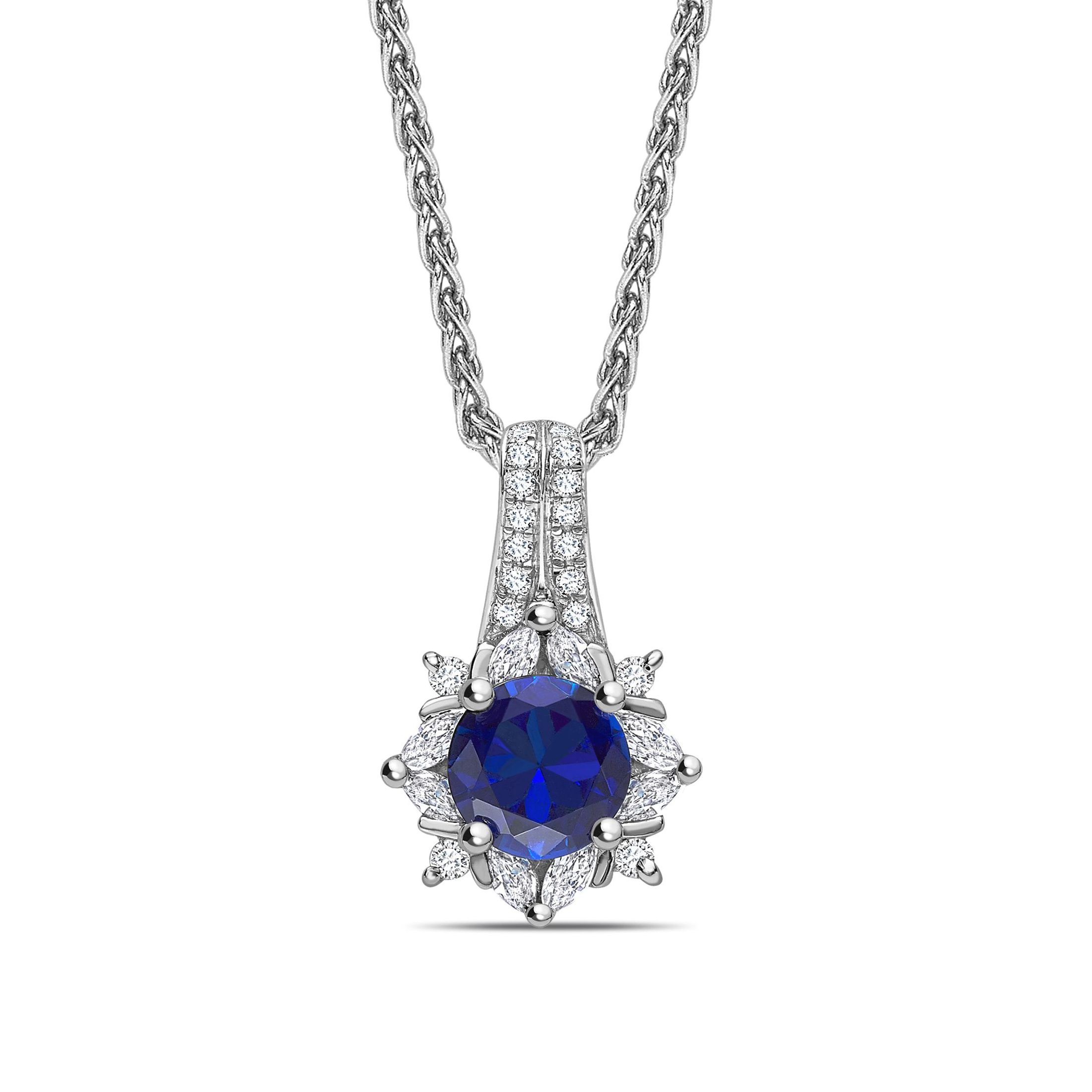 Two Row Star Style Sapphire Round Shape Halo Diamond Necklace