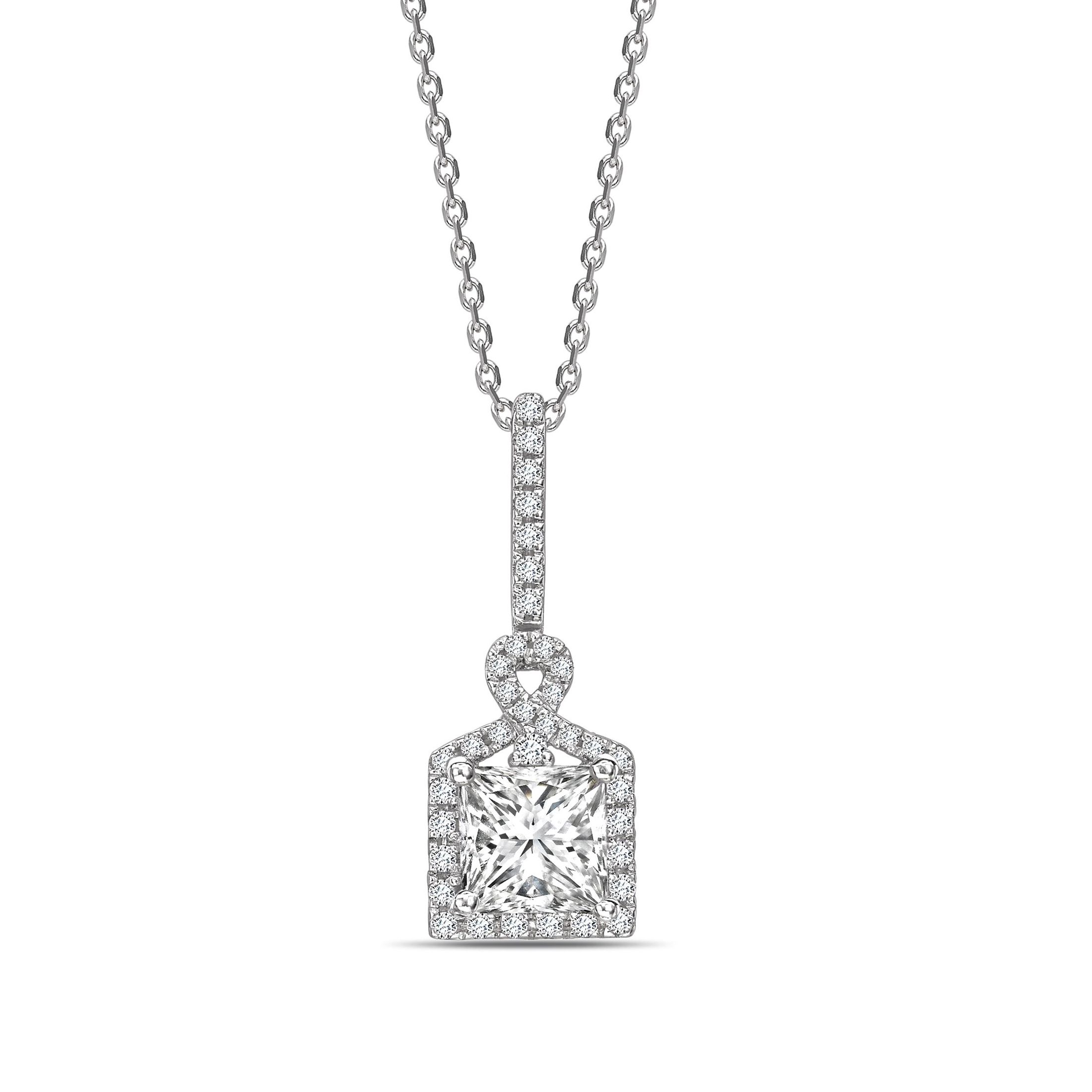 Unique Design Princess Shape Halo Diamond Necklace