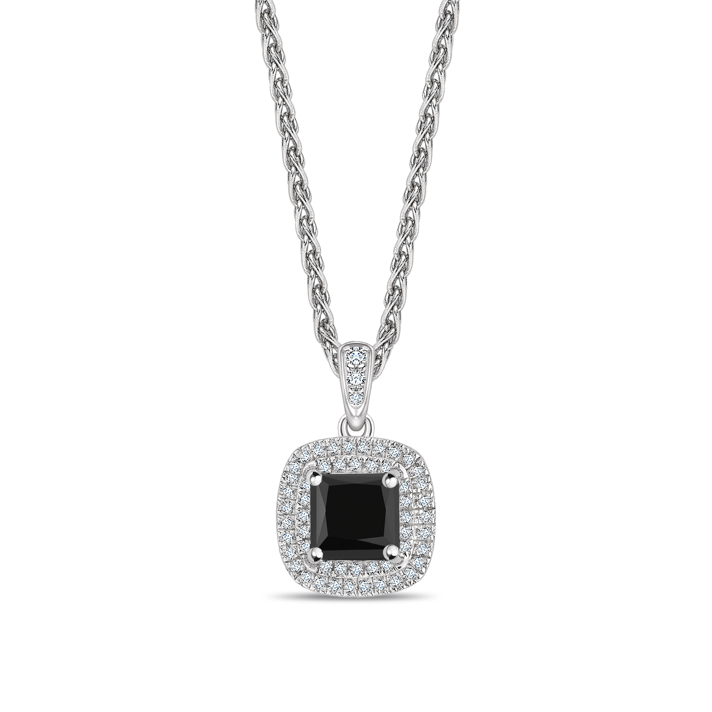 Double Row Setting Princess Cut Black Diamond Solitaire Pendants Necklace