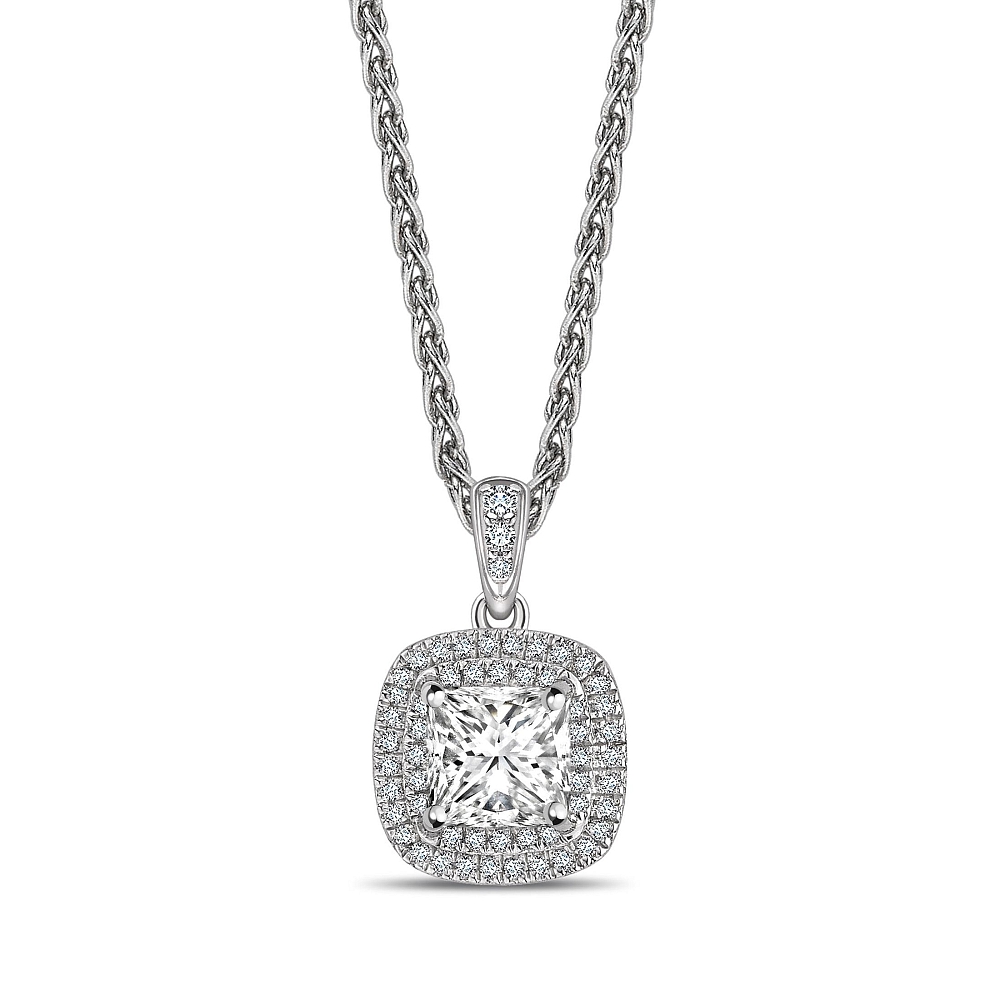 Double Row Dangling Princess Shape Halo Moissanite Necklace