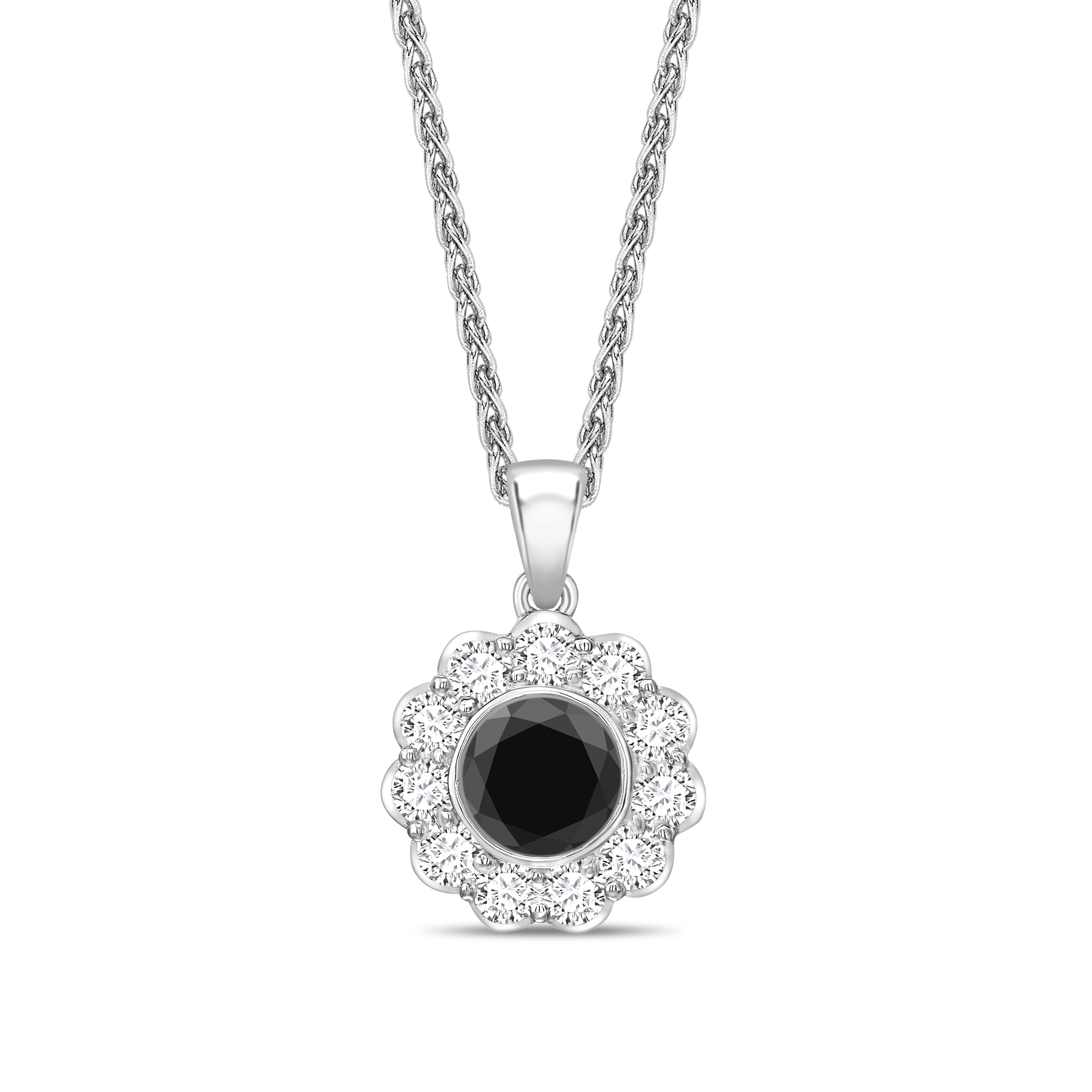 Round Cut Black Diamond Solitaire Pendants Necklace in Flower Style