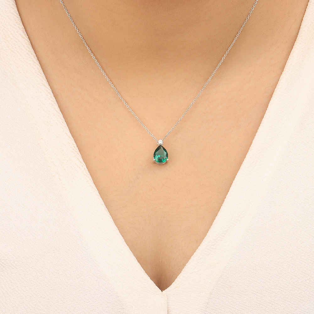 3 Prong Top accented Emerald Pendant Necklaces