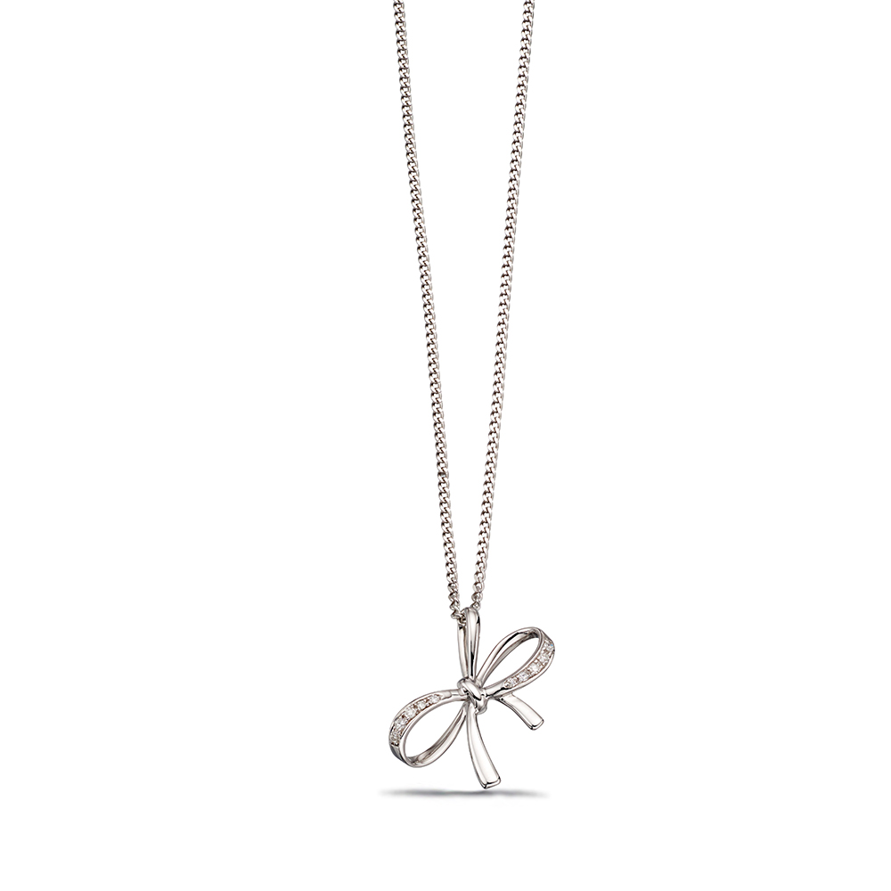 Delicate Bow Diamond Pendant in White, Yellow or Rose Gold (12mm X 16mm)