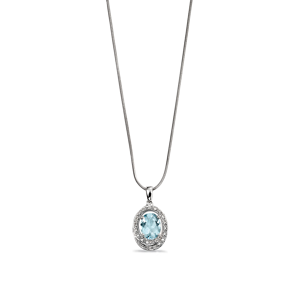 Aquamarine Centre Gemstone and Diamond Halo Pendant (18mm X 10mm)