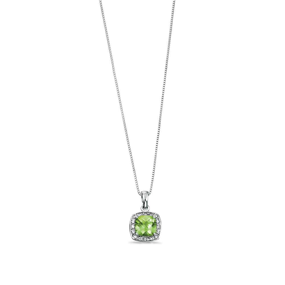 Cushion Cut Peridot with Pave Set Halo Diamond Necklaces (14.6mm X 9mm)