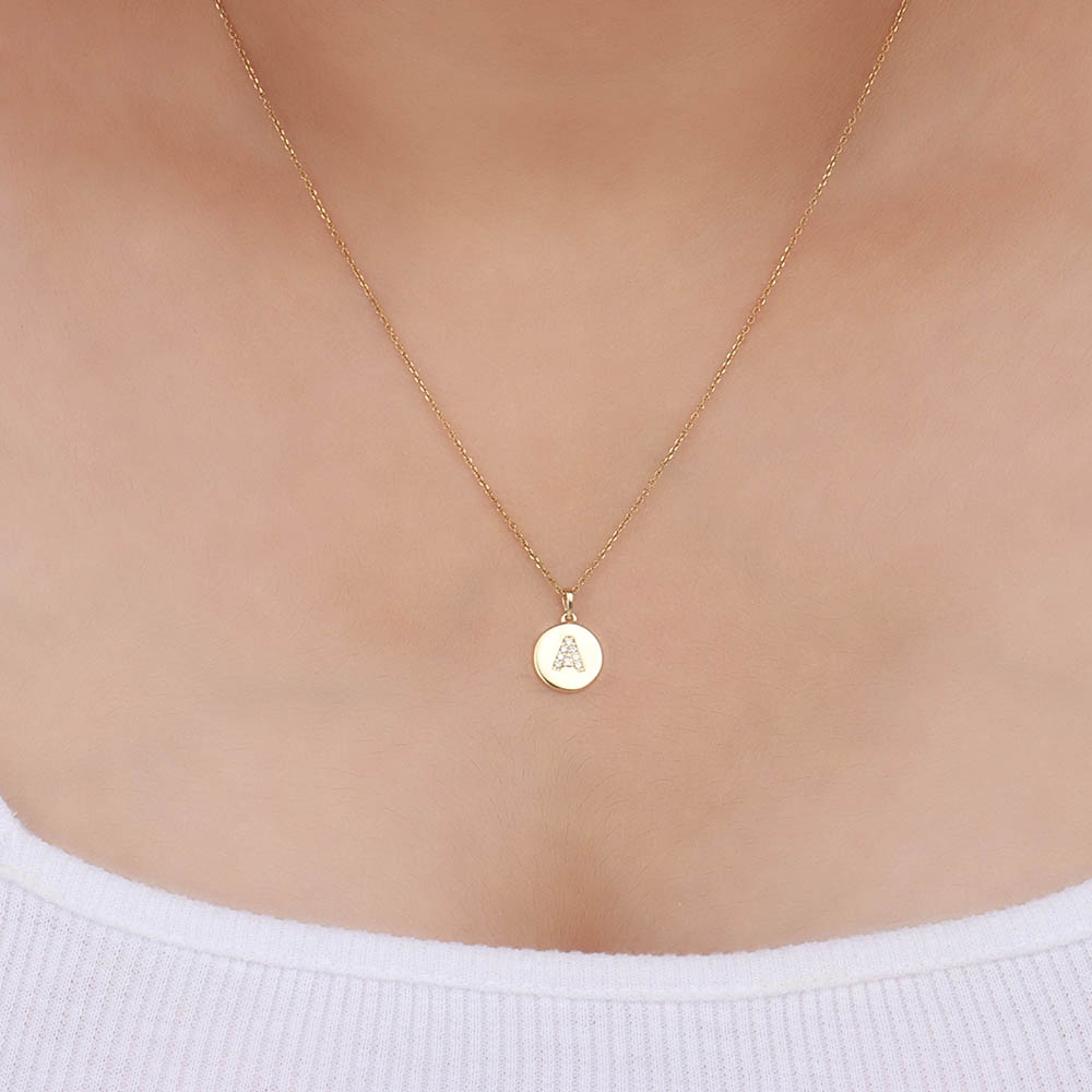 Pave Setting Round Initial Pendant Necklace