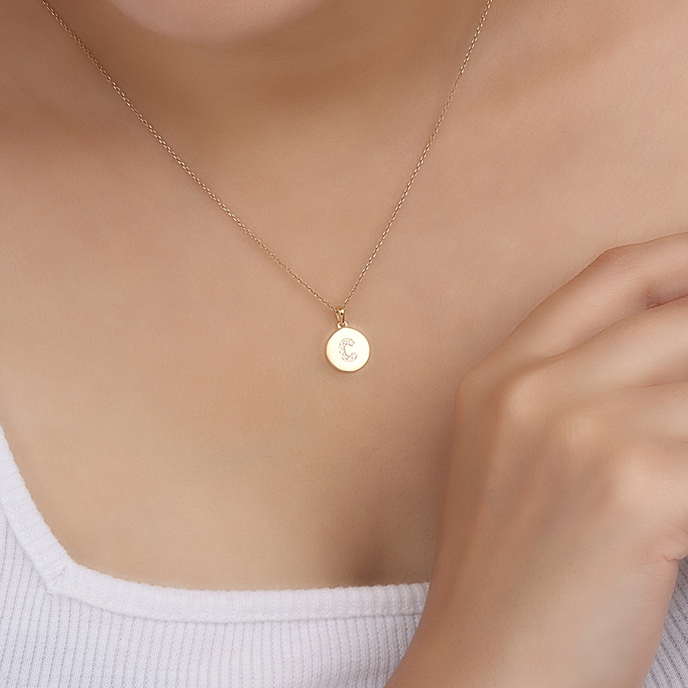 Pave Setting Round Yellow Gold Initial Pendant Necklace