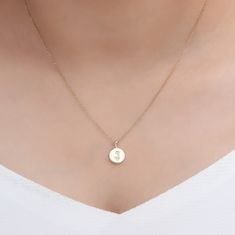 Pave Setting Round Yellow Gold Initial Pendant Necklace