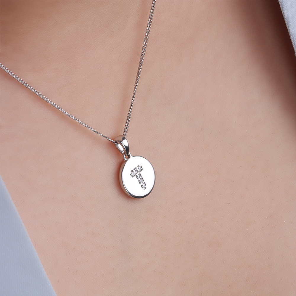 Pave Setting Round White Gold Initial Pendant Necklace