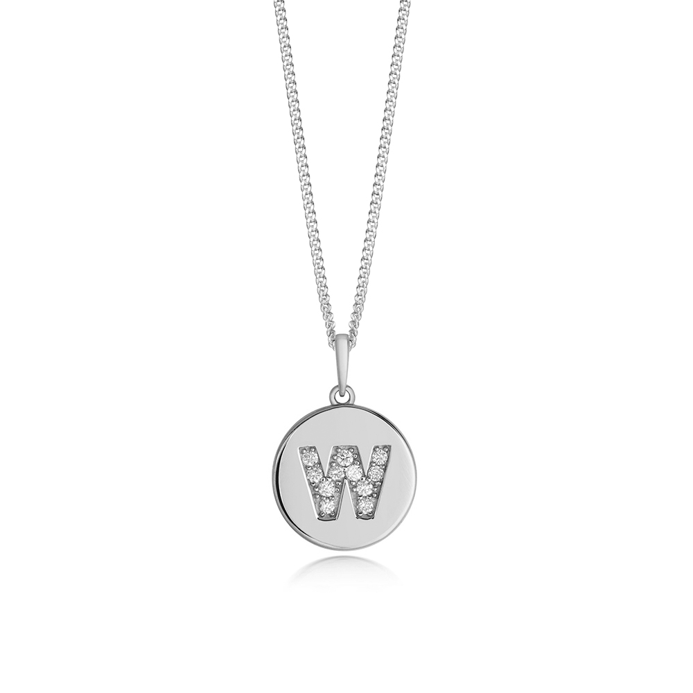 Disc 'W' Initial Name Diamond Necklace (10mm X 15mm)
