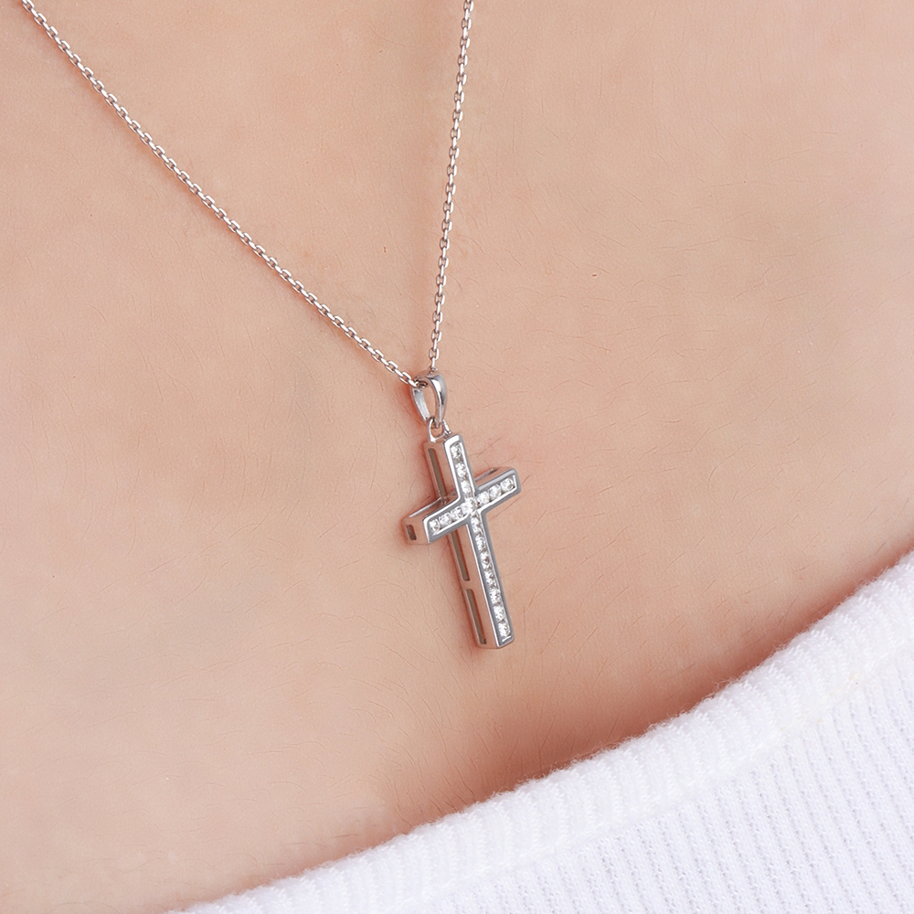 Channel Setting Round Sparkle Cross Pendant Necklace