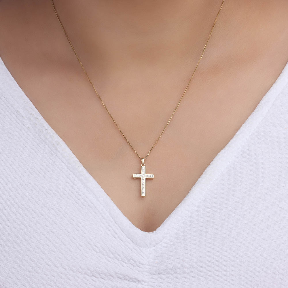 Channel Setting Round Yellow Gold Cross Pendant Necklace