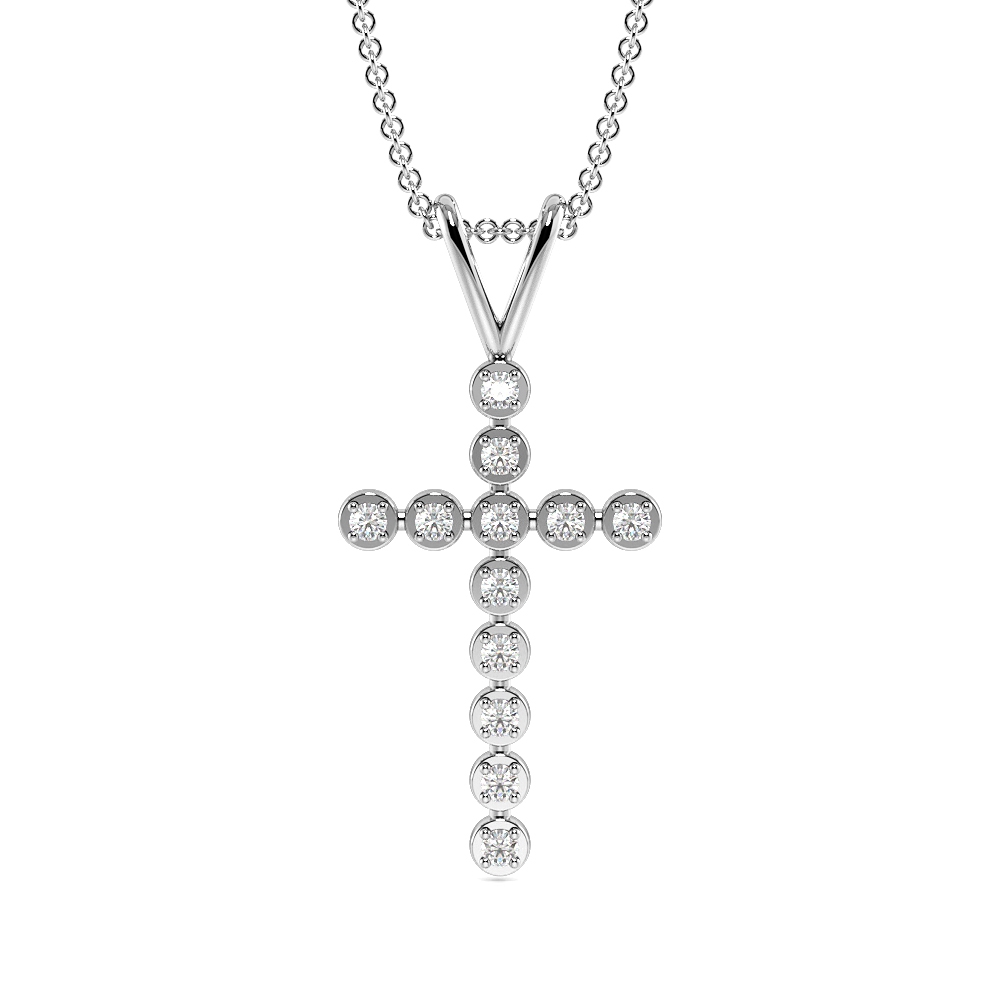 4 Prong Round  Diamond Cross Necklace in Gold & Platinum(24.2mm X 11.5mm)
