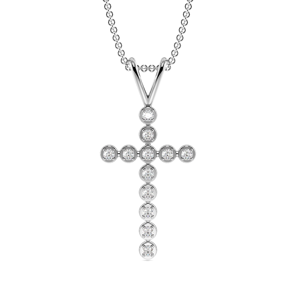 4 Prong Round  Lab Grown Diamond Cross Necklace in Gold & Platinum(24.2mm X 11.5mm)