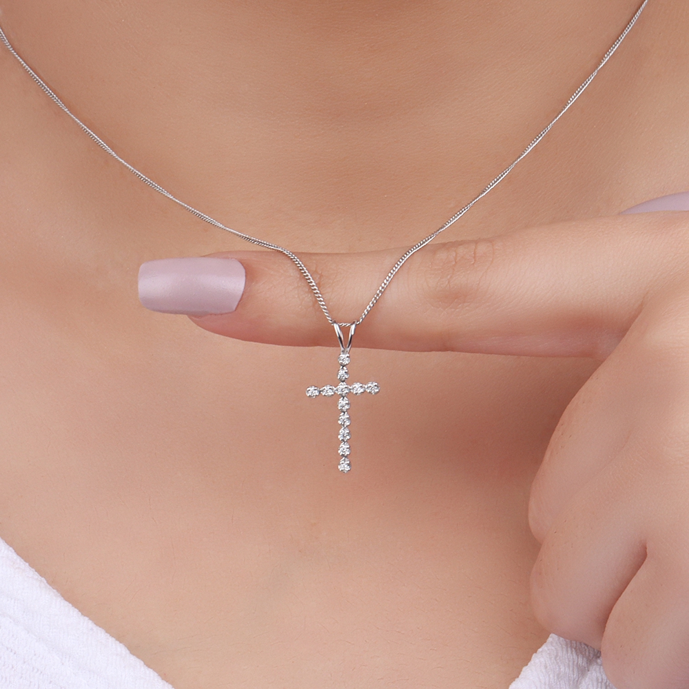 4 Prong Round Shimmer Moissanite Cross Pendant Necklace