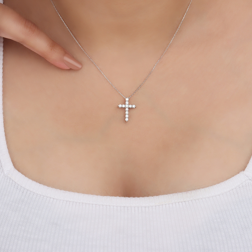 4 Prong Round Yellow Gold classic Cross Pendant Necklace